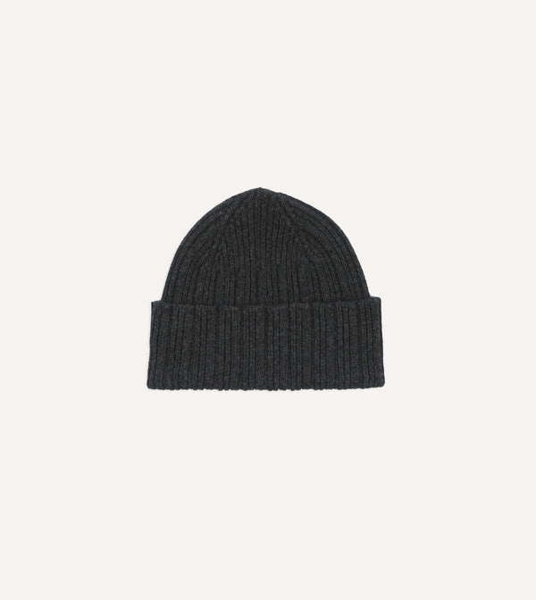drake's Dark Grey Angora Lambswool Ribbed Knit Cap