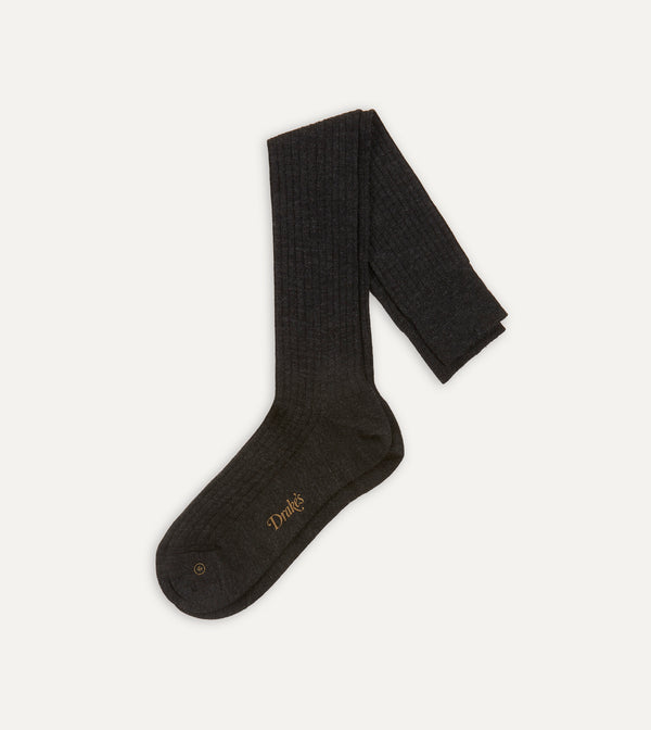 drake's Dark Grey Wool Over-The-Calf Sock