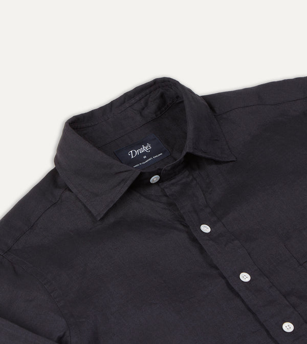 Drake's Dark Navy Linen Spread Collar Shirt