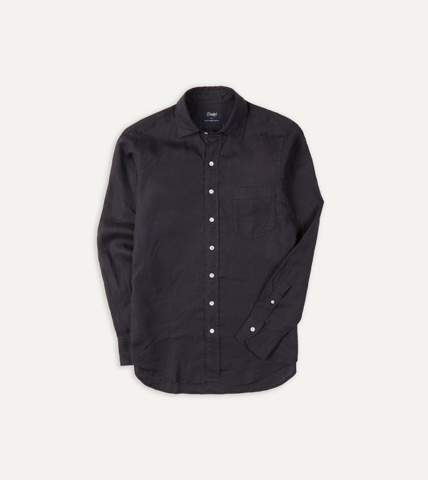 drake's Dark Navy Linen Spread Collar Shirt
