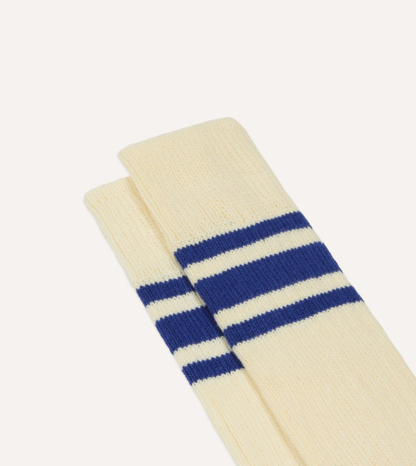 Drake's Ecru And Blue Striped Sport Socks