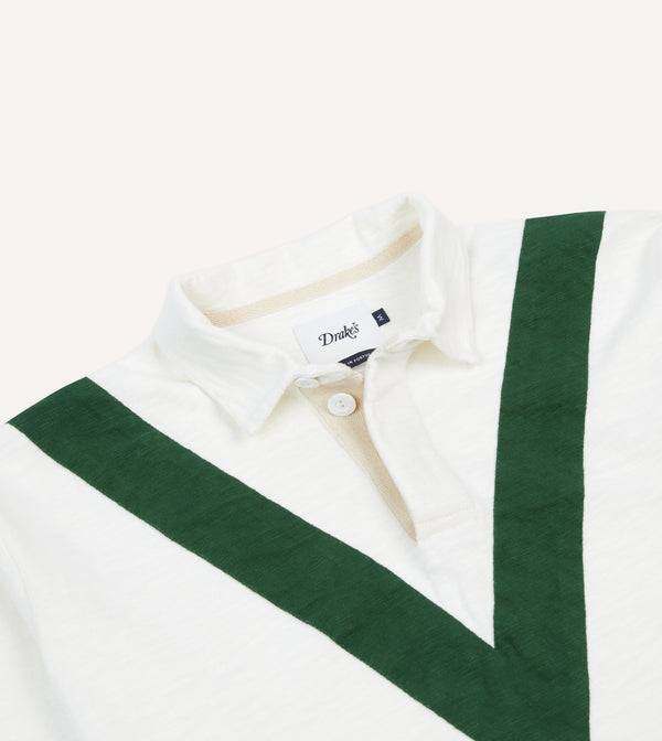 Drake's Ecru And Green Chevron Cotton Rugby Shirt