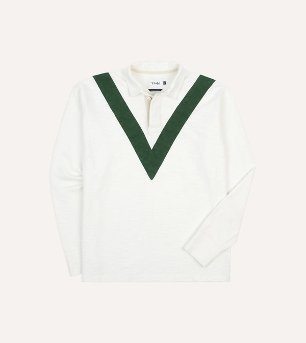 drake's Ecru and Green Chevron Cotton Rugby Shirt