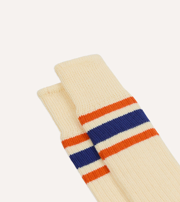 Drake's Ecru Blue And Orange Striped Sport Socks