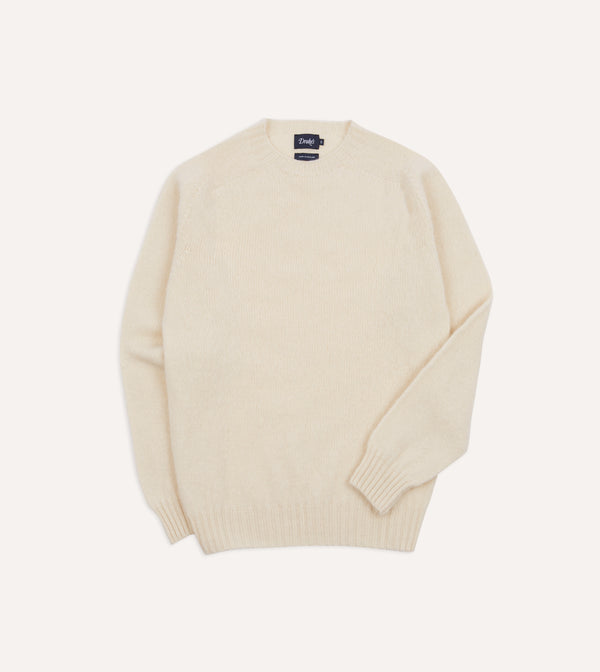 drake's Ecru Brushed Shetland Crew Neck Jumper