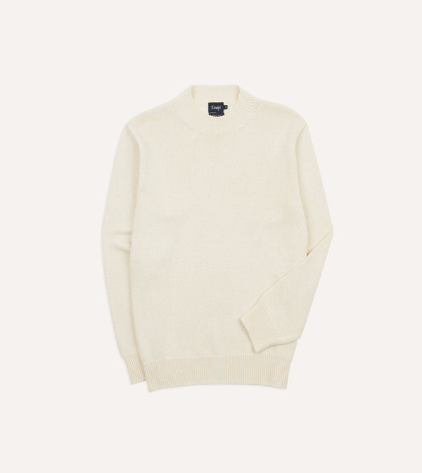 drake's Ecru Cotton Mock Neck Jumper