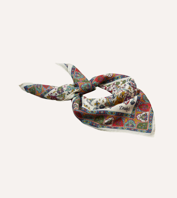Drake's Ecru Floral Mughal Print Wool-Silk Bandana