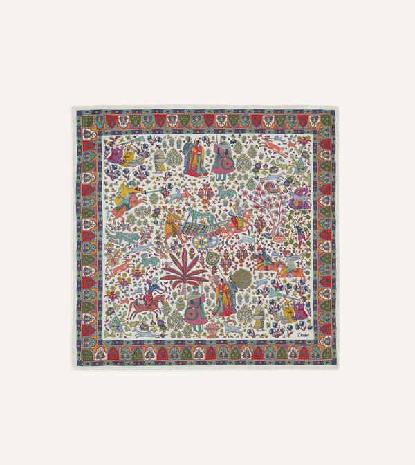 drake's Ecru Floral Mughal Print Wool-Silk Bandana