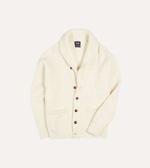 drake's Ecru Lambswool Shawl Collar Cardigan