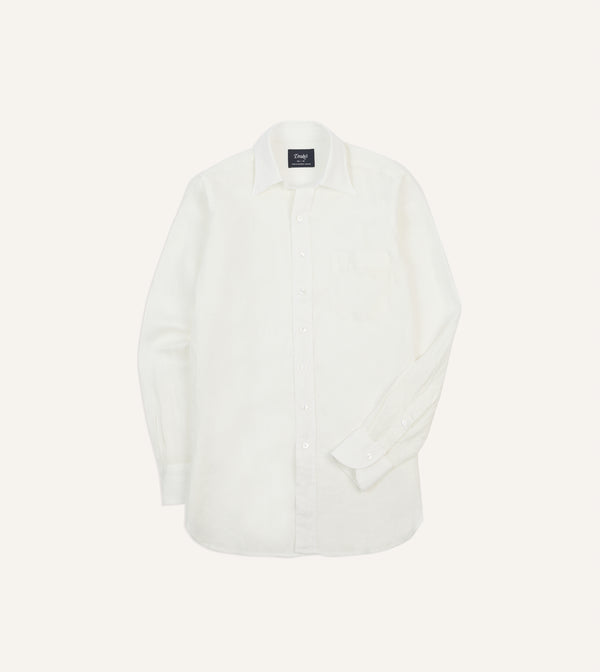 drake's Ecru Linen Long Point Collar Shirt