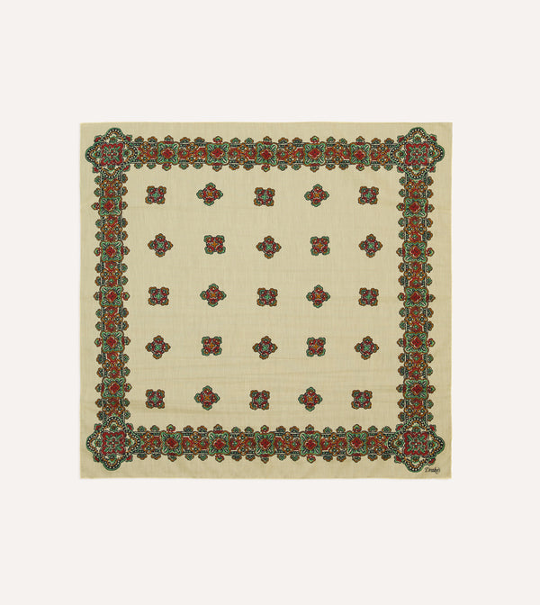 drake's Ecru Medallion Print Cotton-Silk Bandana