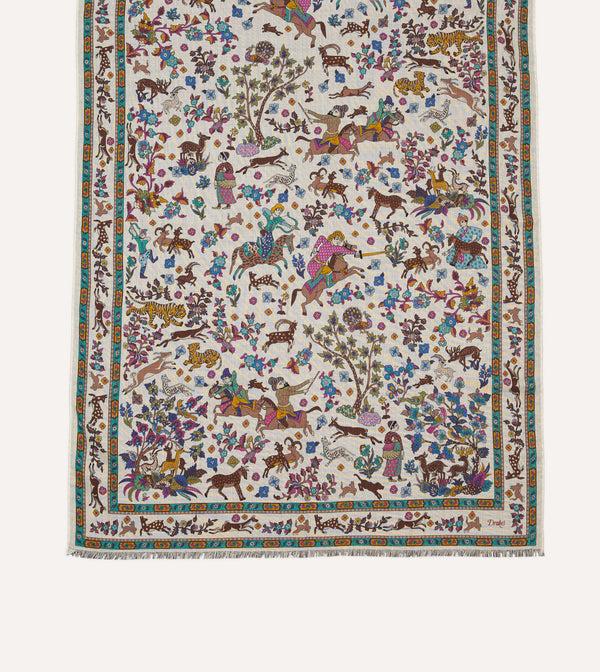 Drake's Ecru Summer Mughal Print Wool Silk Scarf