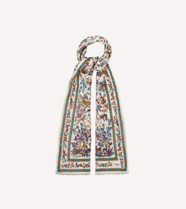 Drake's Ecru Summer Mughal Print Wool Silk Scarf