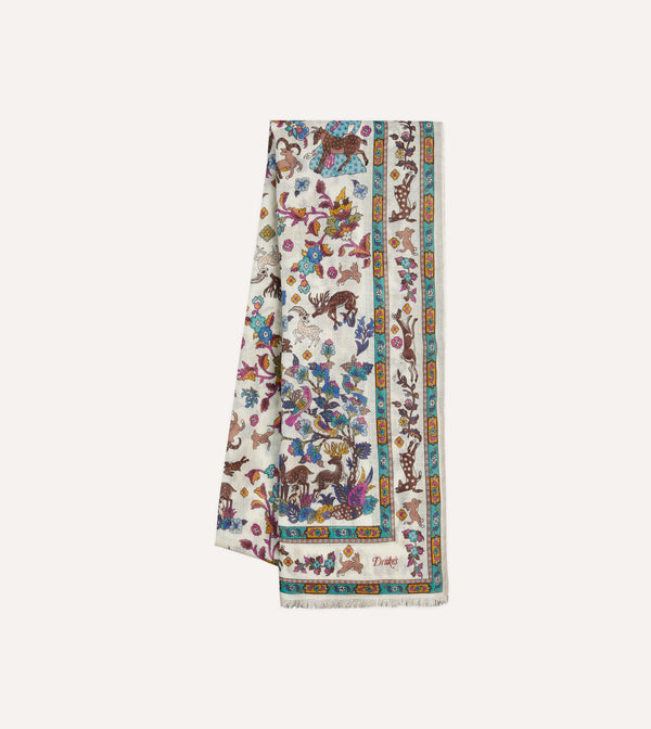 drake's Ecru Summer Mughal Print Wool Silk Scarf