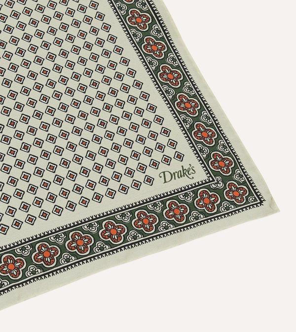 Drake's Ecru Vintage Tile Print Silk Pocket Square