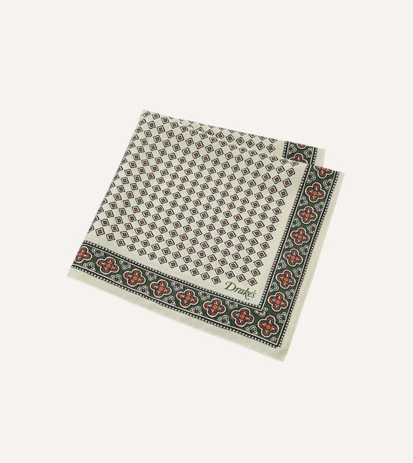 Drake's Ecru Vintage Tile Print Silk Pocket Square