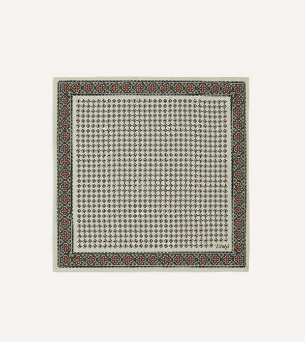 drake's Ecru Vintage Tile Print Silk Pocket Square