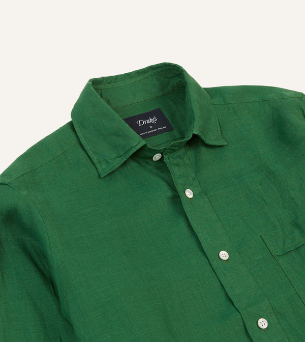Drake's Forest Green Linen Spread Collar Shirt