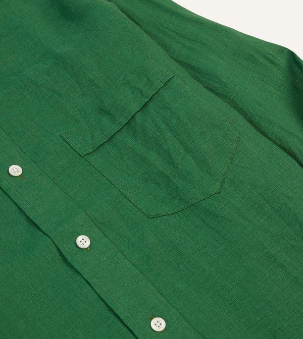 Drake's Forest Green Linen Spread Collar Shirt