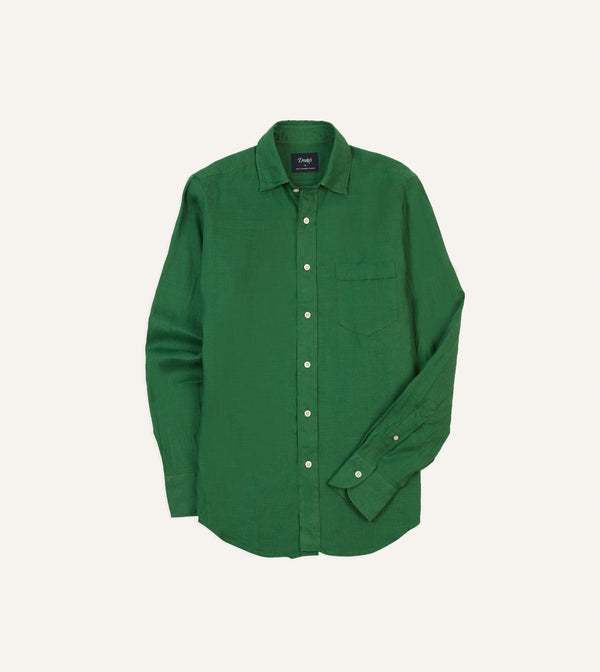 drake's Forest Green Linen Spread Collar Shirt