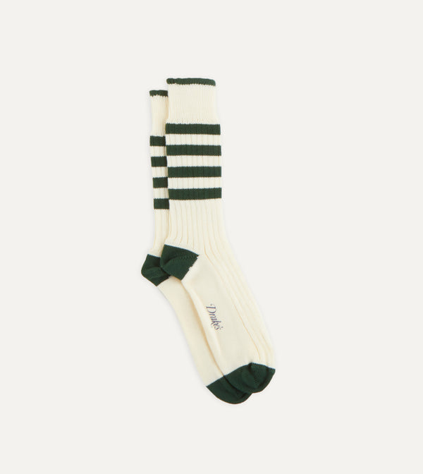 drake's Green and Ecru Heavy Striped Sport Socks