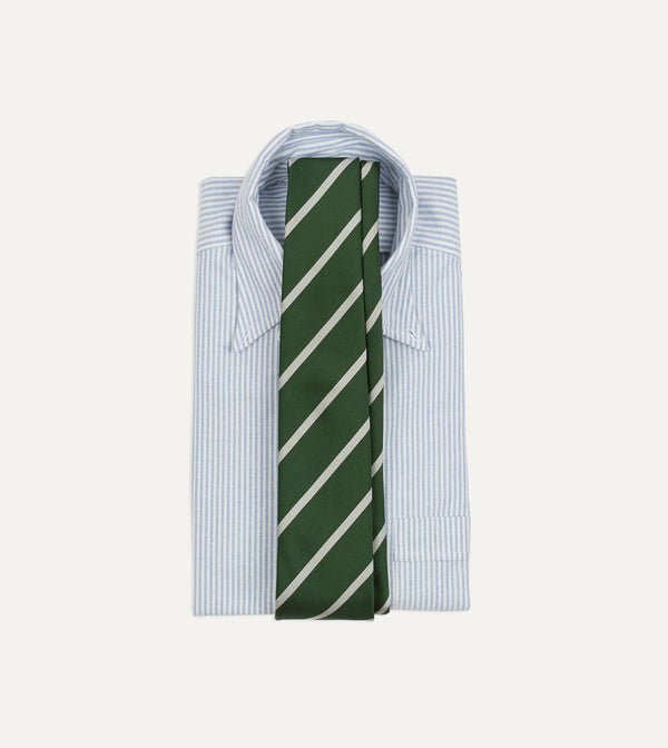 Drake's Green And Ecru Stripe Repp Silk Tipped Tie