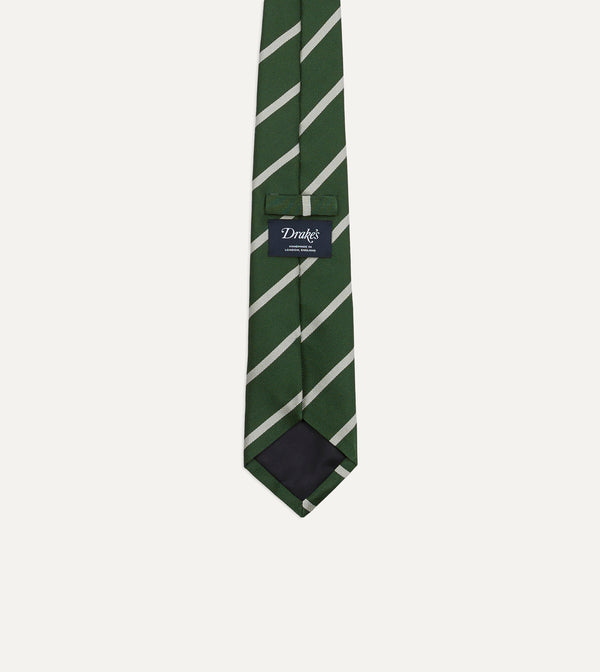 Drake's Green And Ecru Stripe Repp Silk Tipped Tie