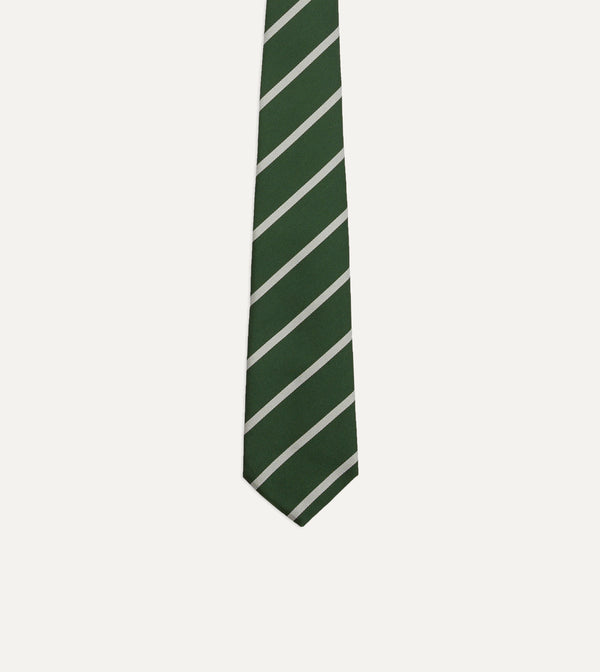 Drake's Green And Ecru Stripe Repp Silk Tipped Tie