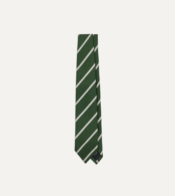 drake's Green and Ecru Stripe Repp Silk Tipped Tie