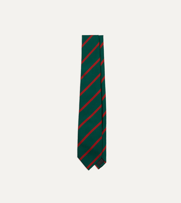 drake's Green and Red Stripe Repp Silk Tie