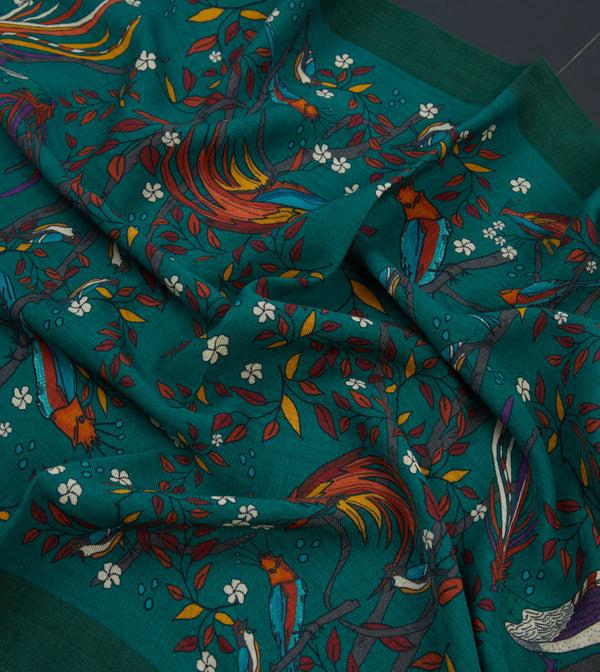 Drake's Green Birds Of Paradise Print Wool Scarf