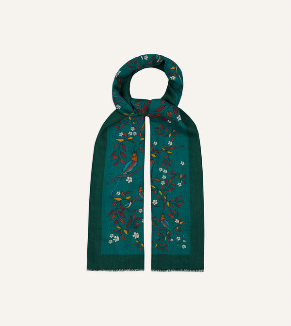 Drake's Green Birds Of Paradise Print Wool Scarf