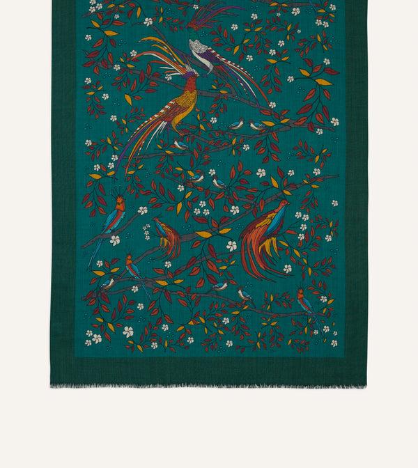 Drake's Green Birds Of Paradise Print Wool Scarf