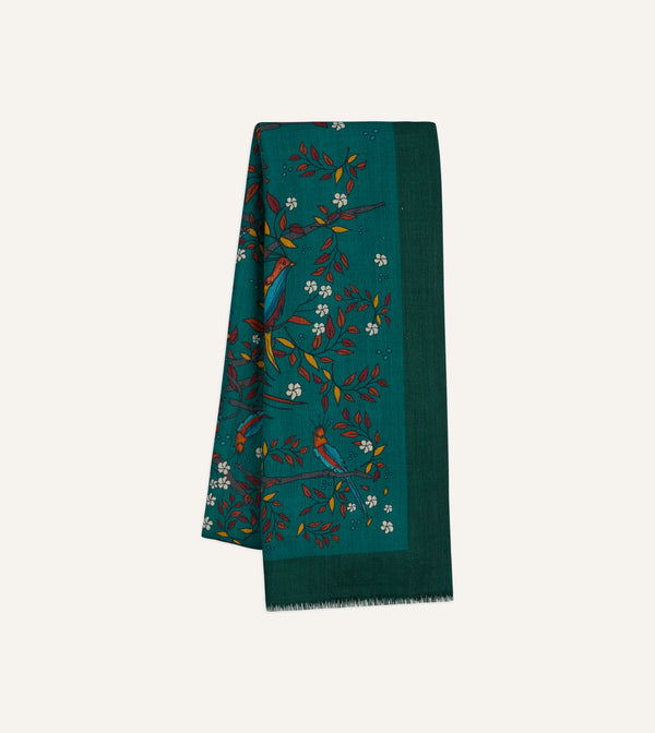 drake's Green Birds of Paradise Print Wool Scarf