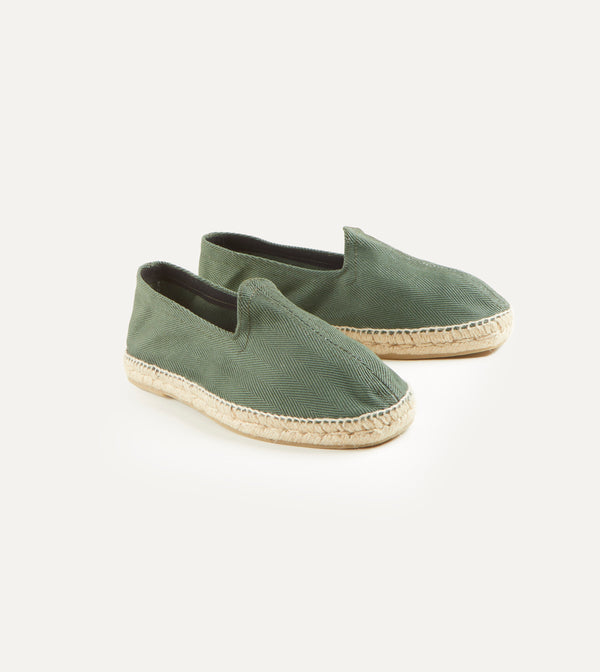 drake's Green Herringbone Cotton Espadrilles