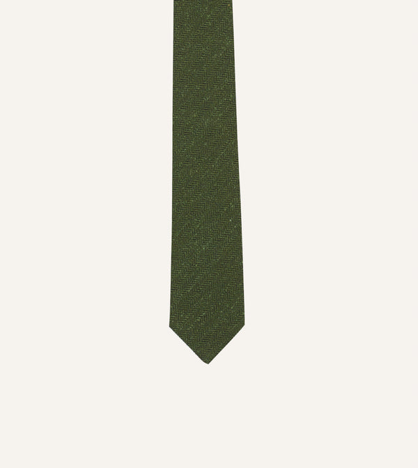 Drake's Green Herringbone Shantung Silk Tipped Tie