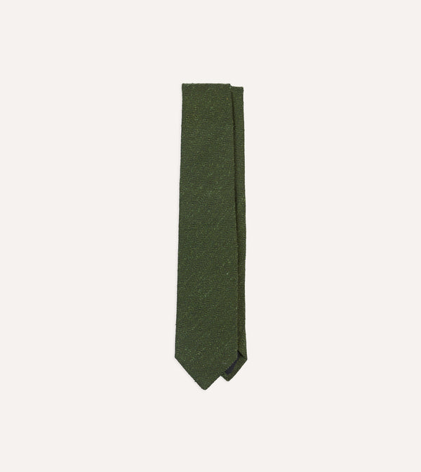 drake's Green Herringbone Shantung Silk Tipped Tie
