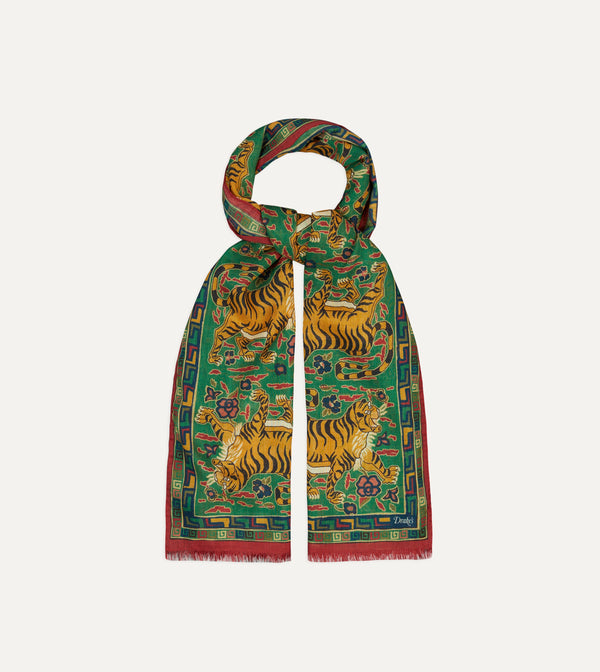 Drake's Green Jumbo Tiger Print Wool-Silk Scarf