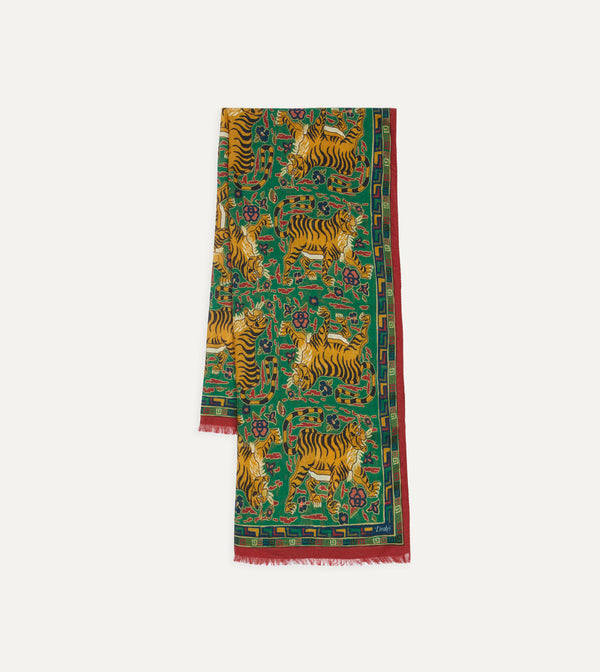 drake's Green Jumbo Tiger Print Wool-Silk Scarf