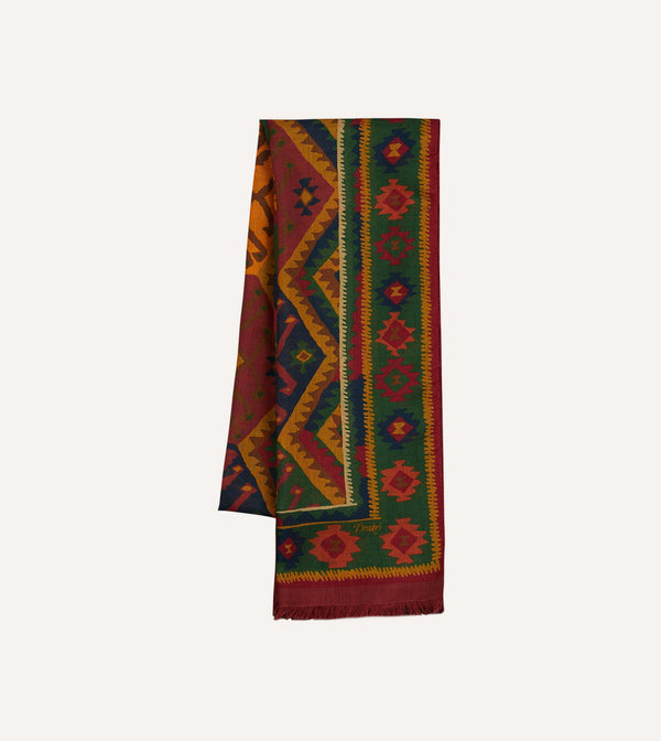 Drake's Green Kilim Print Wool-Silk Scarf