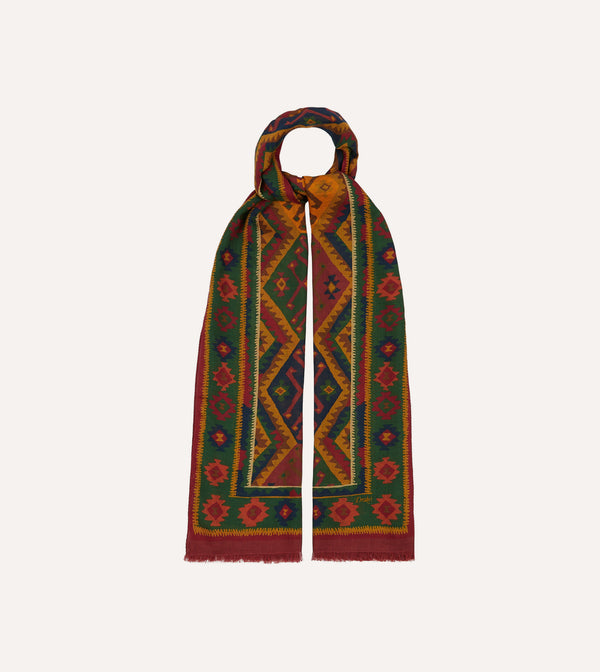drake's Green Kilim Print Wool-Silk Scarf