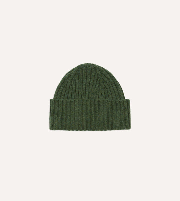 drake's Green Lambswool Ribbed Knit Cap
