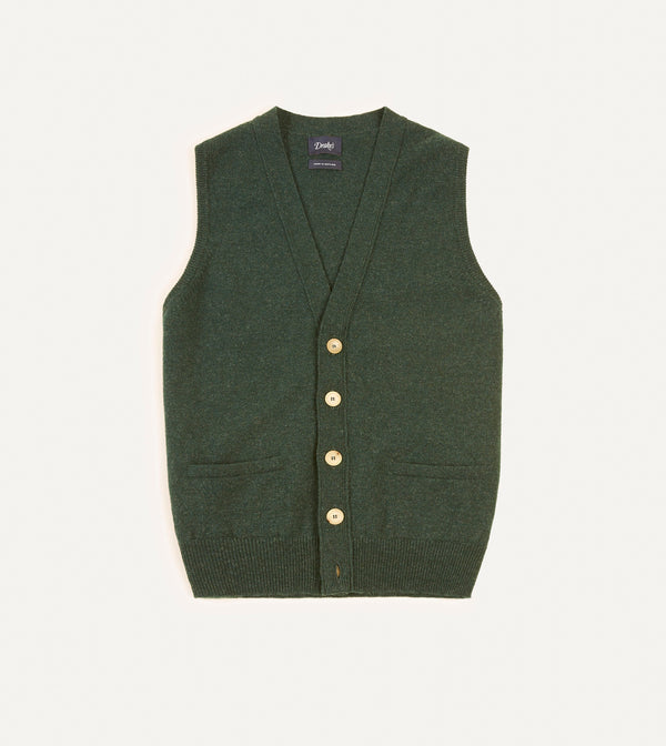 drake's Green Lambswool Sleeveless Cardigan