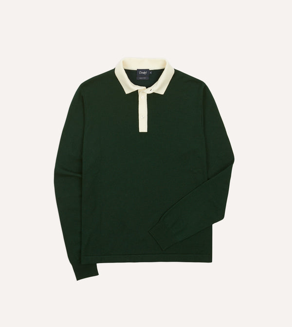 drake's Green Merino Wool Knitted Rugby Shirt