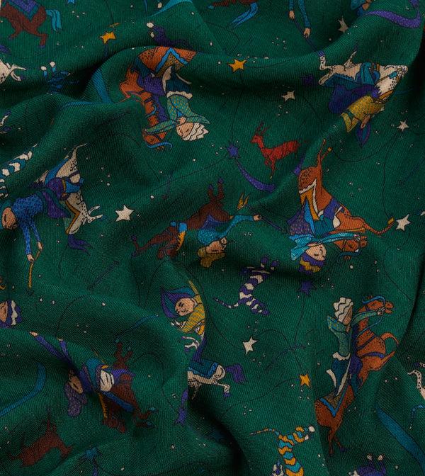 Drake's Green Mughal And Stars Print Wool Scarf