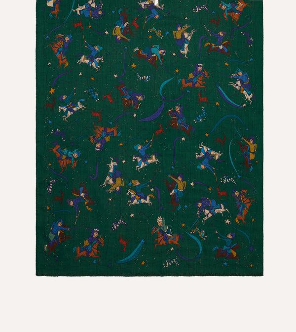Drake's Green Mughal And Stars Print Wool Scarf