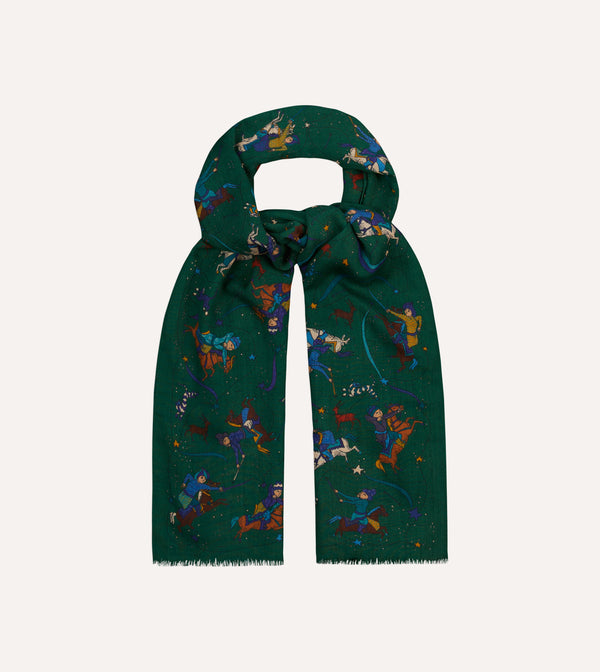 Drake's Green Mughal And Stars Print Wool Scarf