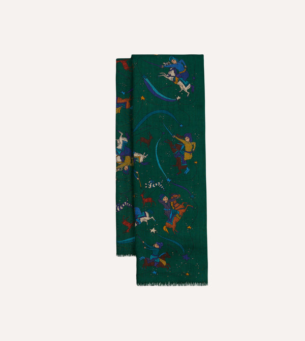 drake's Green Mughal and Stars Print Wool Scarf