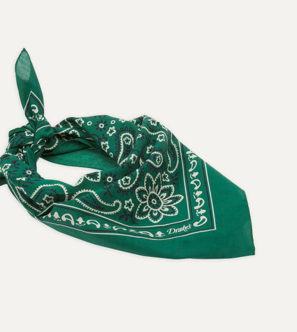 Drake's Green Paisley Print Cotton Bandana