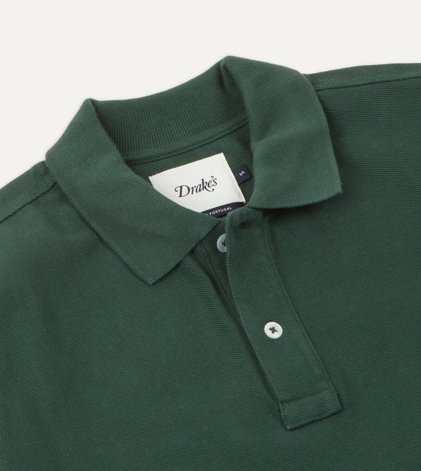 Drake's Green Pique Cotton Long-Sleeve Polo Shirt